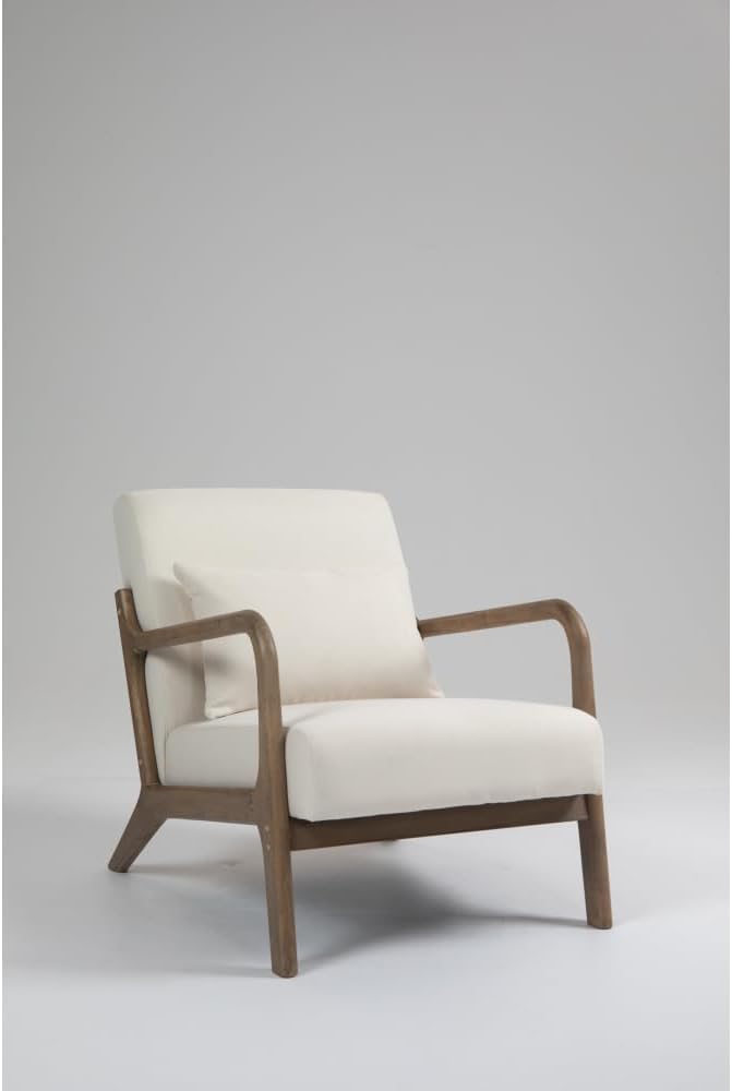 Mid Century Modern Accent Chair with Wood Frame Upholstered Living Room Chairs with Waist Cushion Reading Armchair for Bedroom Sunroom (White + Velvet + Cotton)