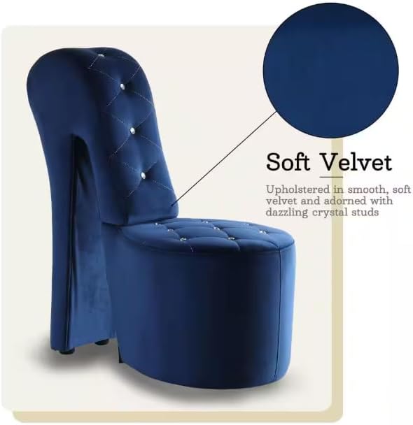 First of a Kind 19 Modern Shoe Chair - Crystal Studded Velvet High Heel Chair with Medium Firm Comfort - Luxurious Decor Addition for Bedroom Living Room &amp Studio (Blue)