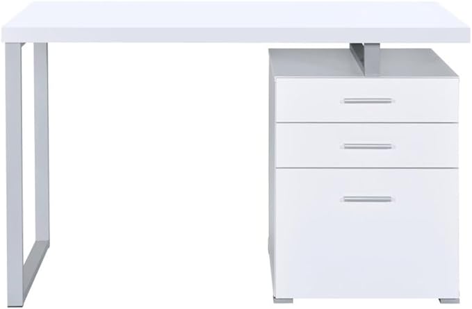 CARTESIAN Modern Reversible Computer Desk with 3 Drawers 47.25W x 23.5D x 30H inches White and Silver Metal Frame File Cabinet Storage
