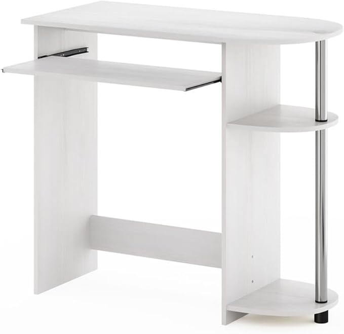 Pemberly Row Computer Desk 31.5 in Wide Composite Wood and Stainless Steel Tubes White Finish Pull-Out Keyboard Drawer Dual Shelves Compact Home Office or Bedroom Workspace