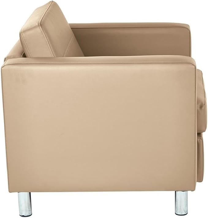 Pemberly Row Contemporary Armchair Dillon Buff Cream Vinyl Fabric Silver Finish Metal Legs 32 W x 30.5 D x 29.5 H Box Spring Seat Ergonomic Design Stylish Guest Room or Living Space Chair