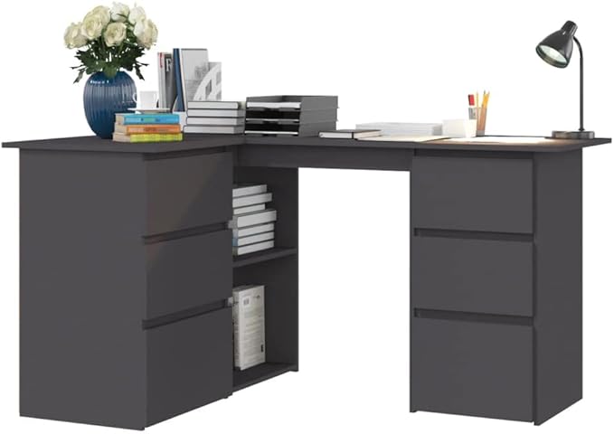 L-Shaped Writing Desk Corner Computer Desk with Drawer and Shelves 57.1in Study Table Workstation for Home Office Multipurpose PC Laptop Table Work Table Office Desk (Gray)