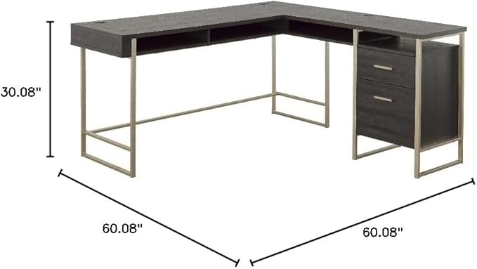 Pemberly Row L-Shaped Engineered Wood Desk Blade Walnut and Champagne Gold Finish 60 in Wide Work Surface Cord Management and Storage Drawers Modern Home Office Desk for Organizing Files