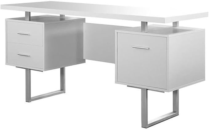 BOWERY HILL Computer Desk 60 Large Metal Frame White Finish 3 Storage Drawers Reversible Design Thick Floating Desktop Modern U-Shaped Legs Home Office Laptop or Writing Use