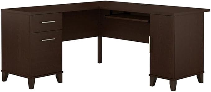 Pemberly Row Contemporary 60W L-Shaped Desk Mocha Cherry Finish Engineered Wood Pull-Out Keyboard Tray Vertical Storage Cabinet File and Box Drawers Home Office Desk
