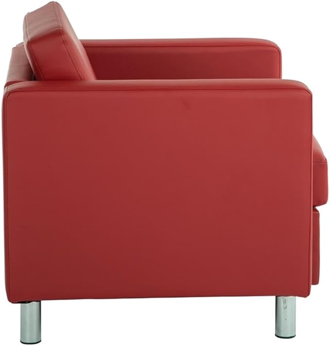 Pemberly Row Contemporary Armchair Dillon Lipstick Red Vinyl Faux Leather Upholstery Silver Finish Metal Legs Box Spring Cushioned Seat 32 W x 30.5 D x 29.5 H Modern Guest or Accent Seating