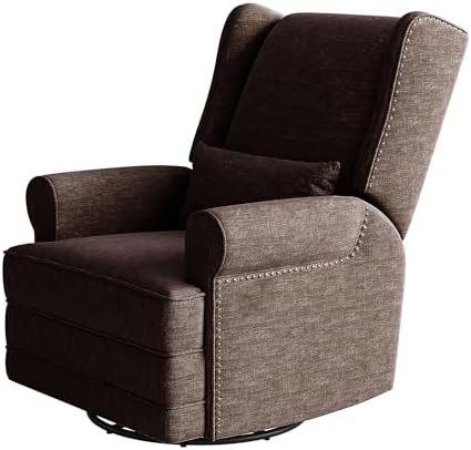 Nursery Glider Recliner Comfy Upholstered Glider Chair with Lumbar Pillow and Footrest Swivel Rocking Chair for Bedroom Living Room Brown