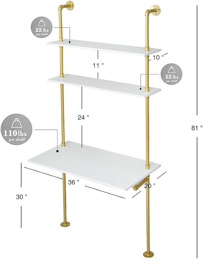 MAIKAILUN White and Gold Desk 36 Ladder Desk Wall Mount Computer Writing Table Pipe Shelf Shelving Mini Narrow Industrial Modern for Small Spaces(36x20x81)