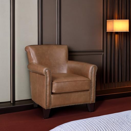 Lexicon 100% Top Grain Genuine Leather Chair Leather Accent Chairs for Living Room Solid Wood Frame Rolled Armrest &amp Nailhead Trim Comfy Reading for Bedroom Office Waiting Room Brown