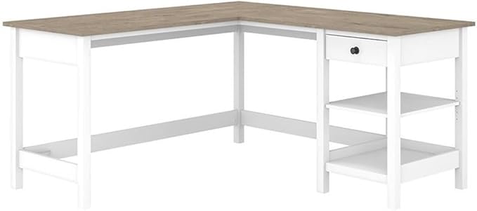 Pemberly Row L Shaped Computer Desk 60W x 60D x 30H Engineered Wood Shiplap Gray and White Finish Adjustable Storage Shelves Small Drawer Modern Farmhouse Home Office Desk