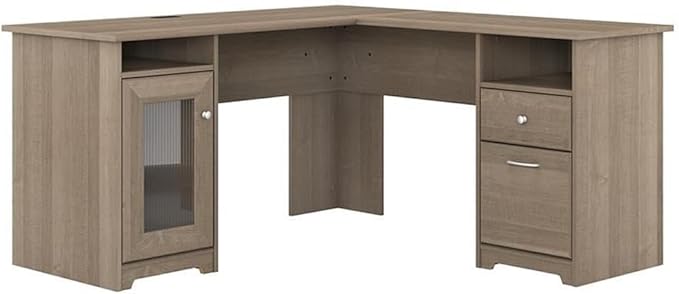 Pemberly Row L Shaped Computer Desk 60W x 59D x 30H Engineered Wood Ash Gray Finish Built-in USB Hub File Cabinet Fluted Glass Door Home Office Corner Desk for Work and Storage