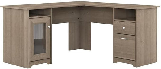 Pemberly Row L Shaped Computer Desk 60W x 59D x 30H Engineered Wood Ash Gray Finish Built-in USB Hub File Cabinet Fluted Glass Door Home Office Corner Desk for Work and Storage