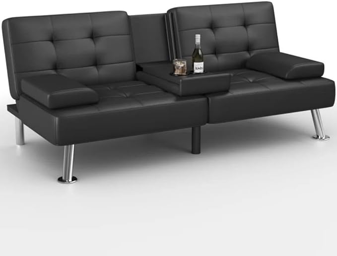 GUNJI Multi-Functional Faux Leather Futon Sofa Bed with Removable Armrests and Adjustable Sleeper Function Double Cup Holder Design Suitable for Living Room