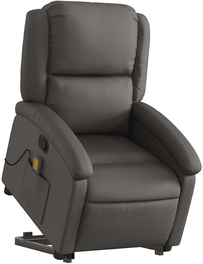 vidaXL Gray Real Leather Power Lift Massage Recliner - Electric Motor Stand-Up Armchair Manual Tilt Vibration Massage Foam Padded