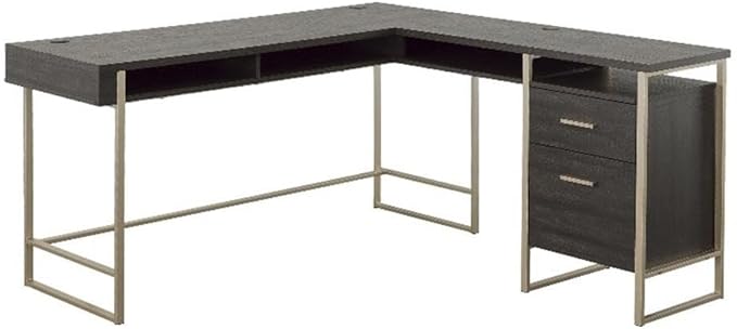 Pemberly Row L-Shaped Engineered Wood Desk Blade Walnut and Champagne Gold Finish 60 in Wide Work Surface Cord Management and Storage Drawers Modern Home Office Desk for Organizing Files
