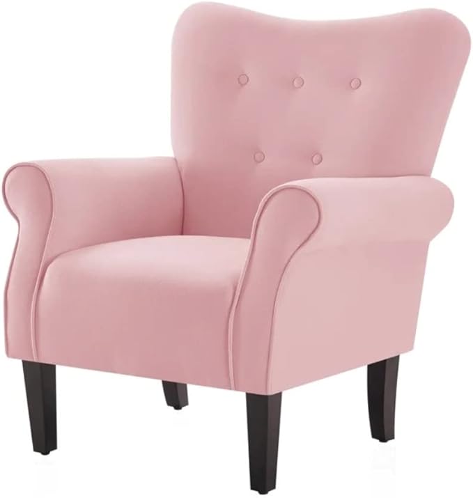 Modern Style Lounge Chair for Living Room | Stylish Wide Armchair Tufted High Backrest with Padded Arms &amp Deeply Thick Cushioned Seat | Durable Wood Manufactured | Aesthetic Look Baby Pink Color