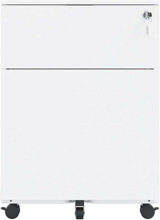 Mobile File Cabinet with Lock 2 Drawer Steel Filing Cabinet for Legal/Letter/A4/F4 Files Fully Assembled Except Wheels Cold-Rolled Metal Full Extension Drawers (White 1-2 Drawers)