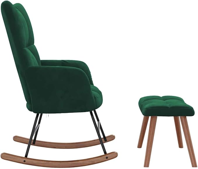 vidaXL Velvet Rocking Chair Set with Stool Dark Green- Modern Design Lounge Seating Furniture with Steel Frame &amp Wooden Rails