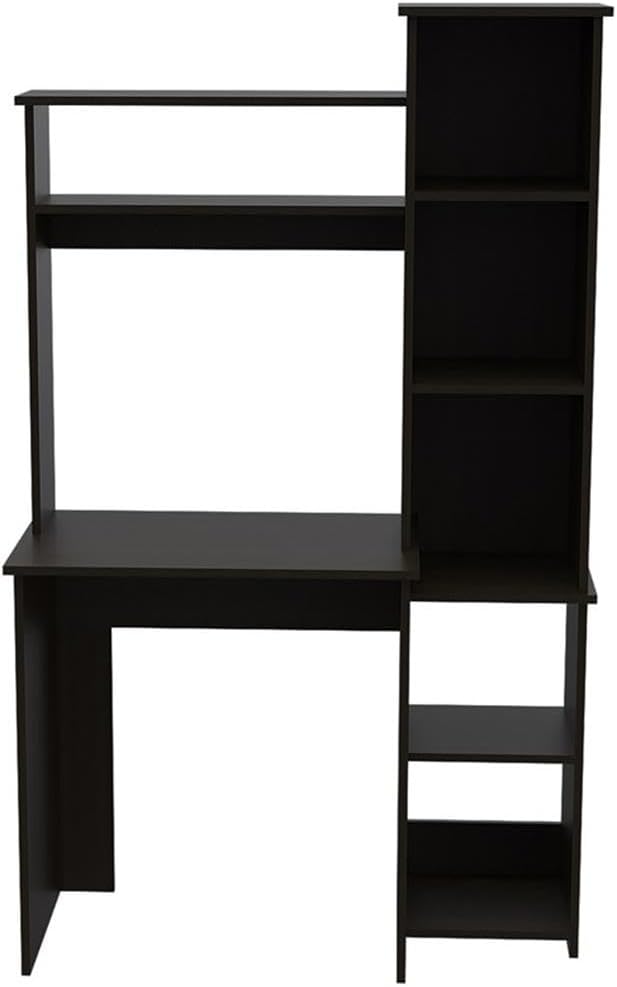 BOWERY HILL Modern Engineered Wood Home Office Desk Black Wengue Finish 63.9 H x 39.7 W x 17.8 D Hutch with Shelves Side Bookcase Space-Saving Design Ideal for Small Home Office