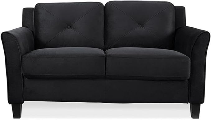 BOWERY HILL Transitional Microfiber Loveseat 56.3 Wide Curved Arms Attached Tufted Cushions Plush Seating Black Finish Solid Wood Frame Compact Living Room or Small Space Furniture