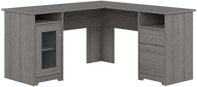 Pemberly Row 60 L Shaped Computer Desk Engineered Wood Gray Finish Transitional Style Home Office Desk with Storage Cabinet File Drawer Adjustable Shelf Wire Management Cubby Spaces