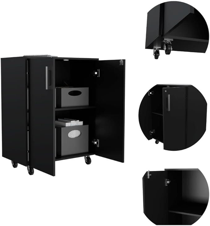 Black Mobile Filing Cabinet with Shelf &amp Drawer Double Door 4 Black Wheels Rectangular Portable Filing Cabinet Traditional for Office Study Room