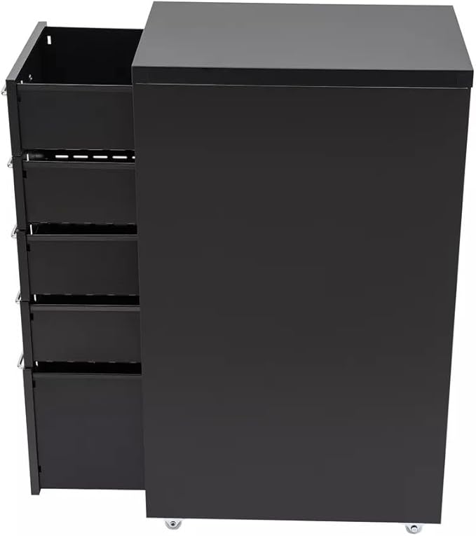 5-Drawer File Cabinet Office Filing Cabinet Stand Storage Organizer with Wheels Freestanding Rolling Storage Dresser Mutifuctional Tool Organizer for Kitchen Bedroom Living Room (Black)