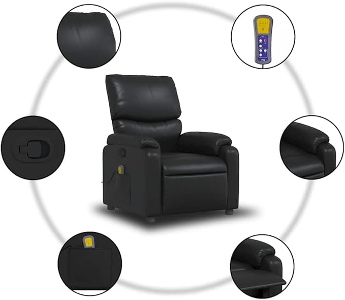 vidaXL Leather Massage Recliner Chair for Living Room Home Theater 6-Point Vibration Massage Adjustable Back &amp Footrest Side Pocket Black
