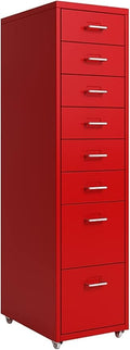8-Drawer File Cabinet Metal Mobile File Cabinet with Wheels Filing Cabinet Under Desk for Home/Office (Color:Red)
