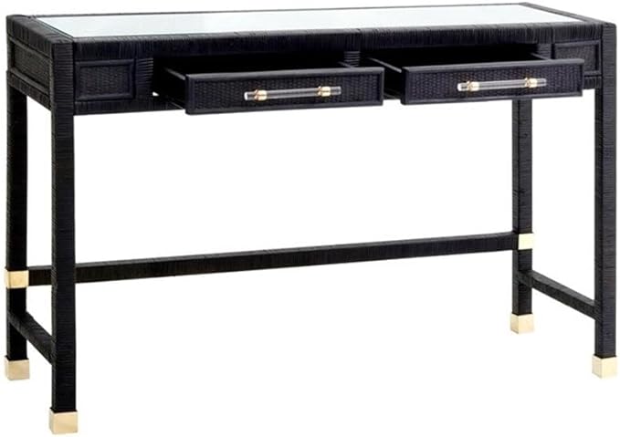Pemberly Row Modern Rattan Desk 47.2 W x 15.8 D x 31.1 H Wood Frame with Glass Top Charcoal Finish 2 Soft-Close Drawers Handmade Contemporary Writing Desk for Home or Office