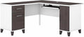 Pemberly Row 60W L Shaped Desk Engineered Wood White &amp Storm Gray Finish Corner Desk with Storage Pull-Out Tray Adjustable Shelf File Drawer Home Office Computer Desk
