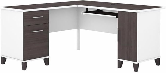 Pemberly Row 60W L Shaped Desk Engineered Wood White &amp Storm Gray Finish Corner Desk with Storage Pull-Out Tray Adjustable Shelf File Drawer Home Office Computer Desk