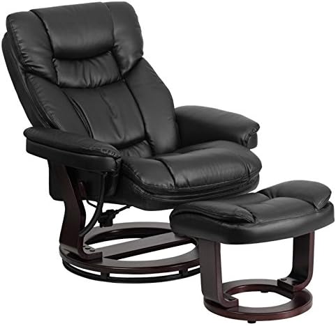 BOWERY HILL LeatherSoft Recliner and Ottoman Black Finish 41.25 H x 33 W x 44.5 D Swivel Base with Mahogany Wood Integrated Headrest Plush Arms Durable Leather Upholstery for Home or Office