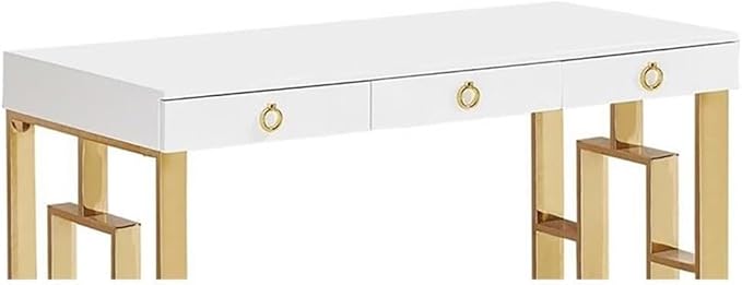 Best Master Furniture Barento 47 White Gloss Rectangular Computer Desk with 3 Drawers and Ring Handles Stainless Steel Sled Base Contemporary Office Desk for Home Study or Workspace (Gold)