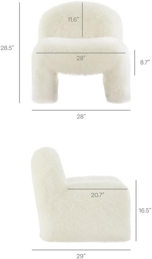 MAKLAINE Contemporary Faux Fur Upholstered Accent Chair White Rounded Backrest Low Profile Armless Design Sled Base with Non-Marking Foot Caps Modern Living Room or Bedroom Seating Fully