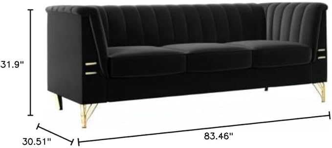 83.46 W Black Velvet Sofa Couch with Metal Gold Legs 3-Seater High Arm Upholstered Sofa for Living Room Bedroom Office (Black)