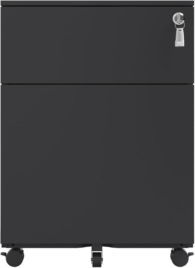 Mobile File Cabinet 2 Drawer Steel Locking File Cabinet for Home Office Legal/Letter/A4/F4 Size Black Fully Assembled