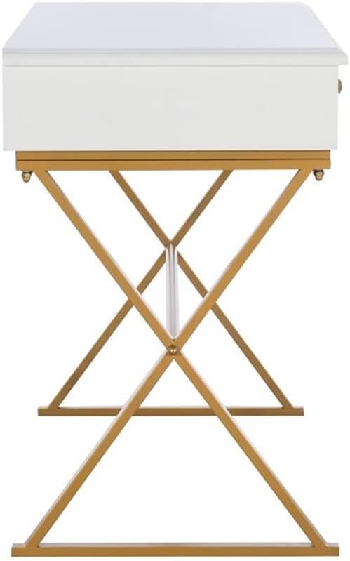 Pemberly Row Modern Metal Desk 47.5 W x 19.5 D x 29.25 H White MDF Top Brass Finish Legs 2 Drawers Sleek Home Office Desk for Bedroom or Living Room Workspace Assembly Required