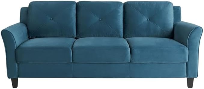 BOWERY HILL Transitional 78.7 W Solid Hardwood Frame Stationary Sofa with Tufted Back Cushions in Blue Premium Fabric Upholstery