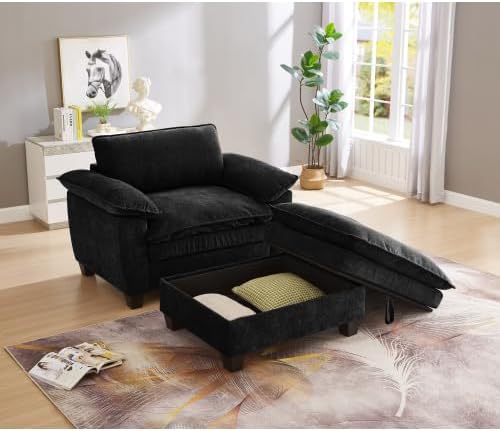 51-Inch Wide Oversized Chenille Recliner Sofa Ottoman with Storage - Upholstered Lounge Chair (Black)