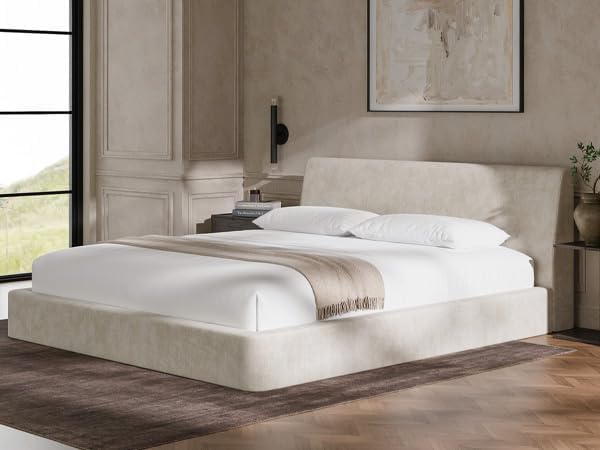 RECCI AirFrame California King Bed Frame with Ergonomic Angled Foam Cushioned Headboard Minimalist Design Platform Bed Frame No Box Spring Needed Easy Assembly (Beige Chenille)