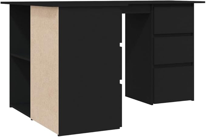 L-Shaped Writing Desk Corner Computer Desk with Drawer and Shelves 57.1in Study Table Workstation for Home Office Multipurpose PC Laptop Table Work Table Office Desk (Black)