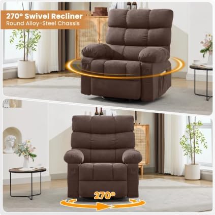 Swivel Rocker Recliner Chair for Adults 360° Upholstered Manual Recliners for Small Spaces Single Seat Glider Reclining Chair with Side Pockets Ergonomic Reading Chair for Living Room RV Bedroom
