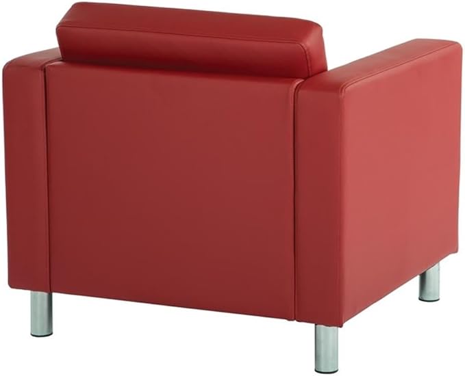 Pemberly Row Contemporary Armchair Dillon Lipstick Red Vinyl Faux Leather Upholstery Silver Finish Metal Legs Box Spring Cushioned Seat 32 W x 30.5 D x 29.5 H Modern Guest or Accent Seating