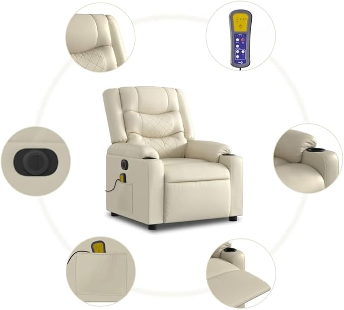 vidaXL Electric Massage Recliner Chair - Cream Wingback Armchair Faux Leather with Recline &amp Vibration Features for Living Room