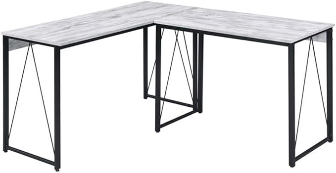 BOWERY HILL Wooden Writing Desk 35 W x 18 D x 28 H Antique White and Black Finish Rectangle Top with Metal Sled Base Rustic Industrial Style Home Office Workspace Furniture