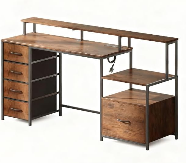 66.9'' Gaming Desk with 4 Fabric Drawers &amp File Cabinet Modern Computer Desk with Power Outlets and LED Lights Home Office Desk PC Desks for Home Office Study (Brown)