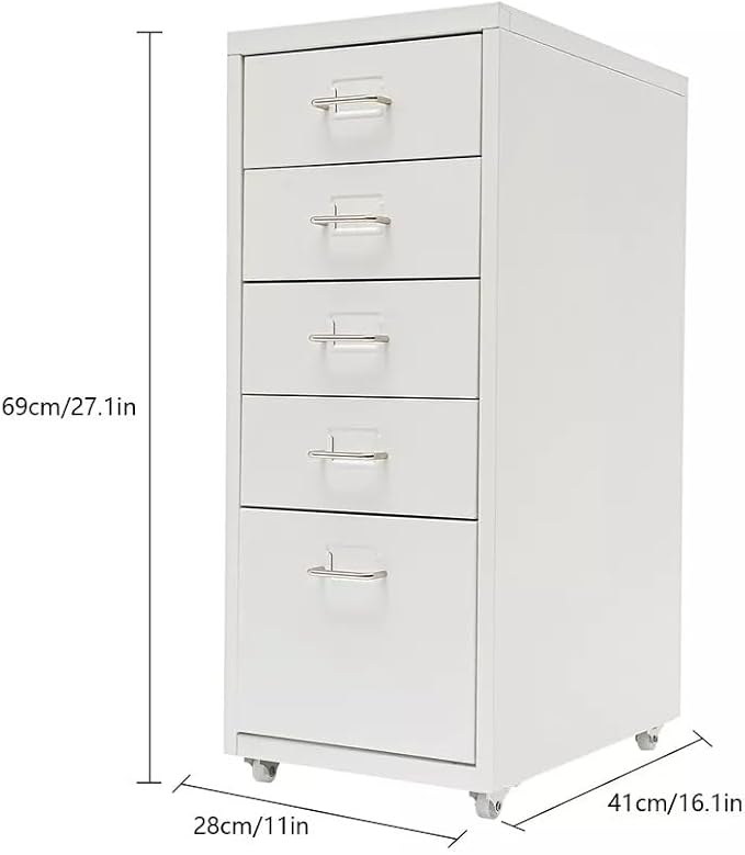 5-Drawer File Cabinet Office Filing Cabinet Stand Storage Organizer with Wheels Freestanding Rolling Storage Dresser Mutifuctional Tool Organizer for Kitchen Bedroom Living Room (White)
