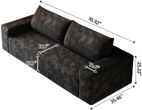 KEIKI 71 Corduroy Loveseat Sofa Deep Seat 3-Seater Couch with Adjustable Arms Comfy Cushions Modern Upholstered Love Seat for Small Spaces No Assembly Required Black