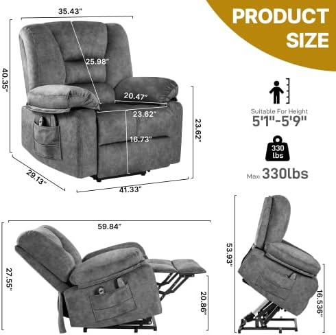 Electric Power Lift Recliner Chair Recliner Sofa for Elderly Heat and Massage2 Cup Holders Recliners Chairs for Living Room Infinite Position and Double 2 Side Pocket (Grey)